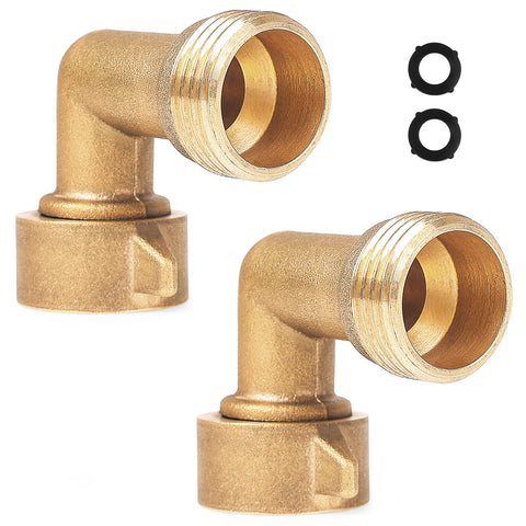 JuKonn 90 degree brass hose elbow with 3/4 inch connection prevents hose twists.