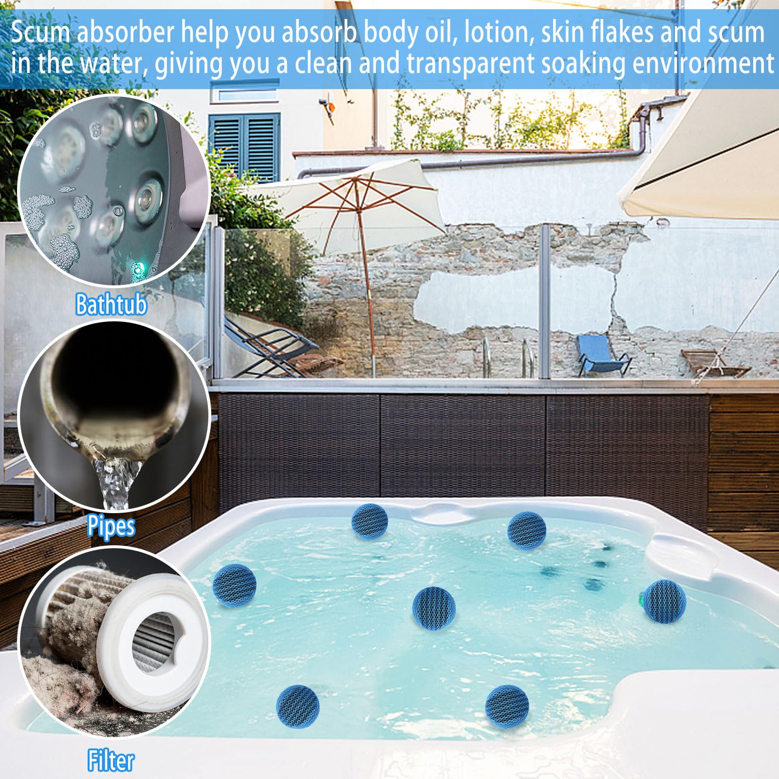 JULMELON hot tub scum absorber balls floating on water keeps water clear and calm.