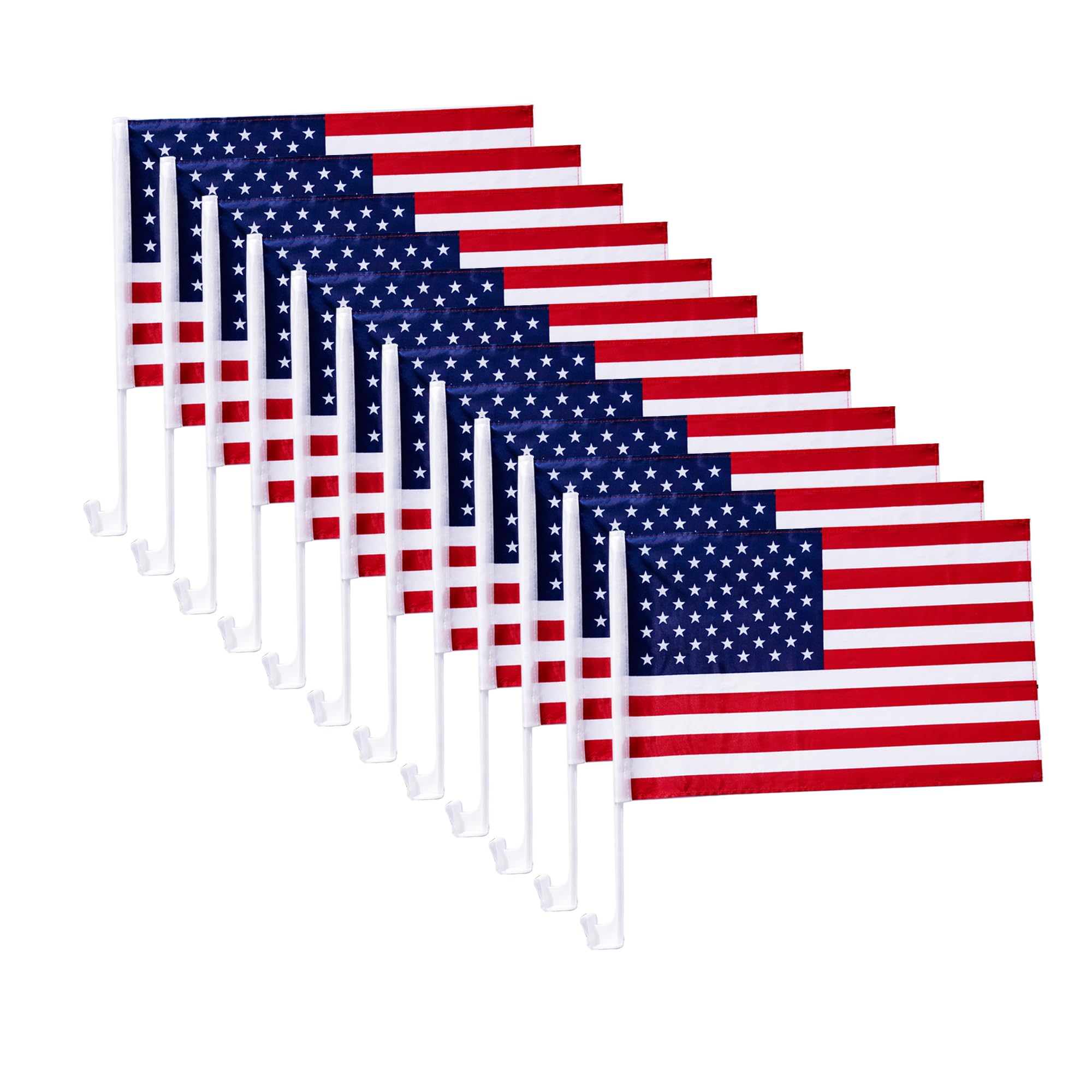 Julysgift patriotic USA flag on car window clip, 17x12 inches, fluttering in sunlight.