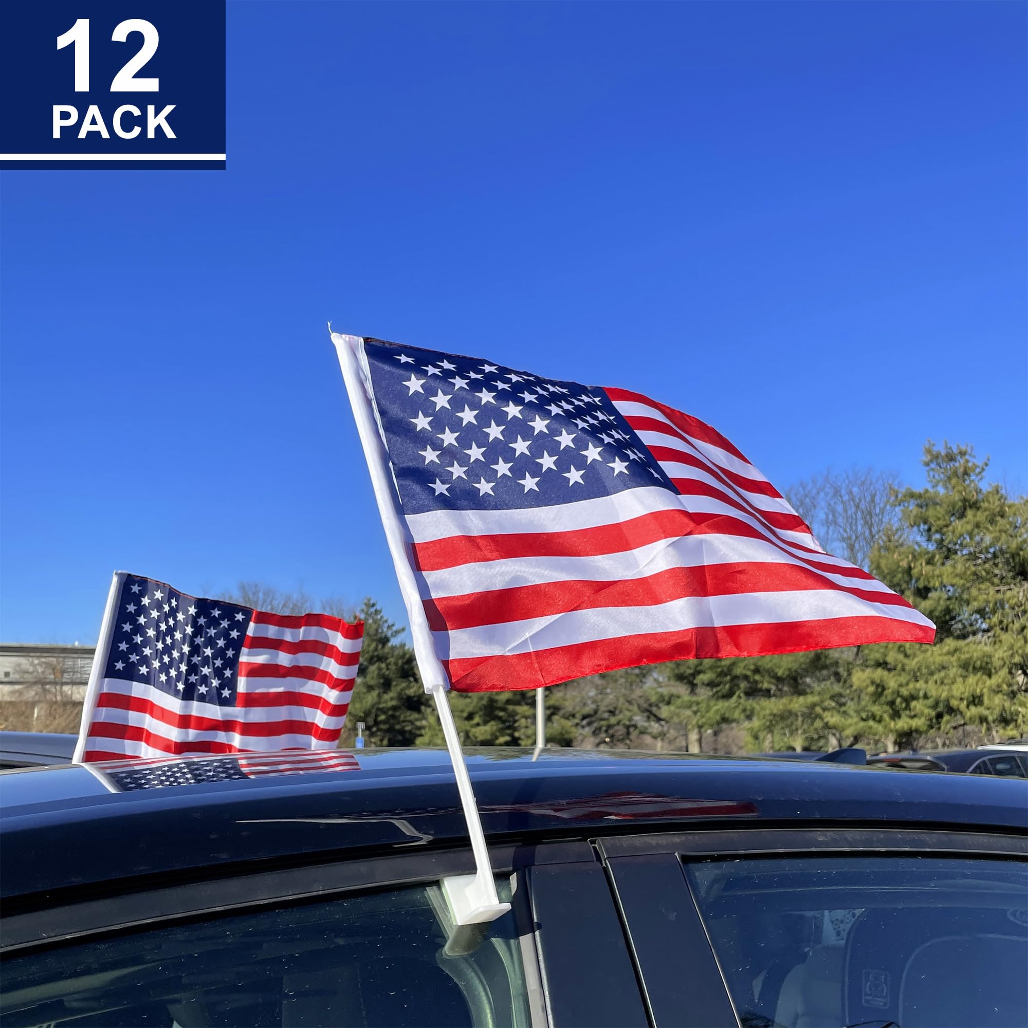 Julysgift flag set clips securely to vehicle windows for events.