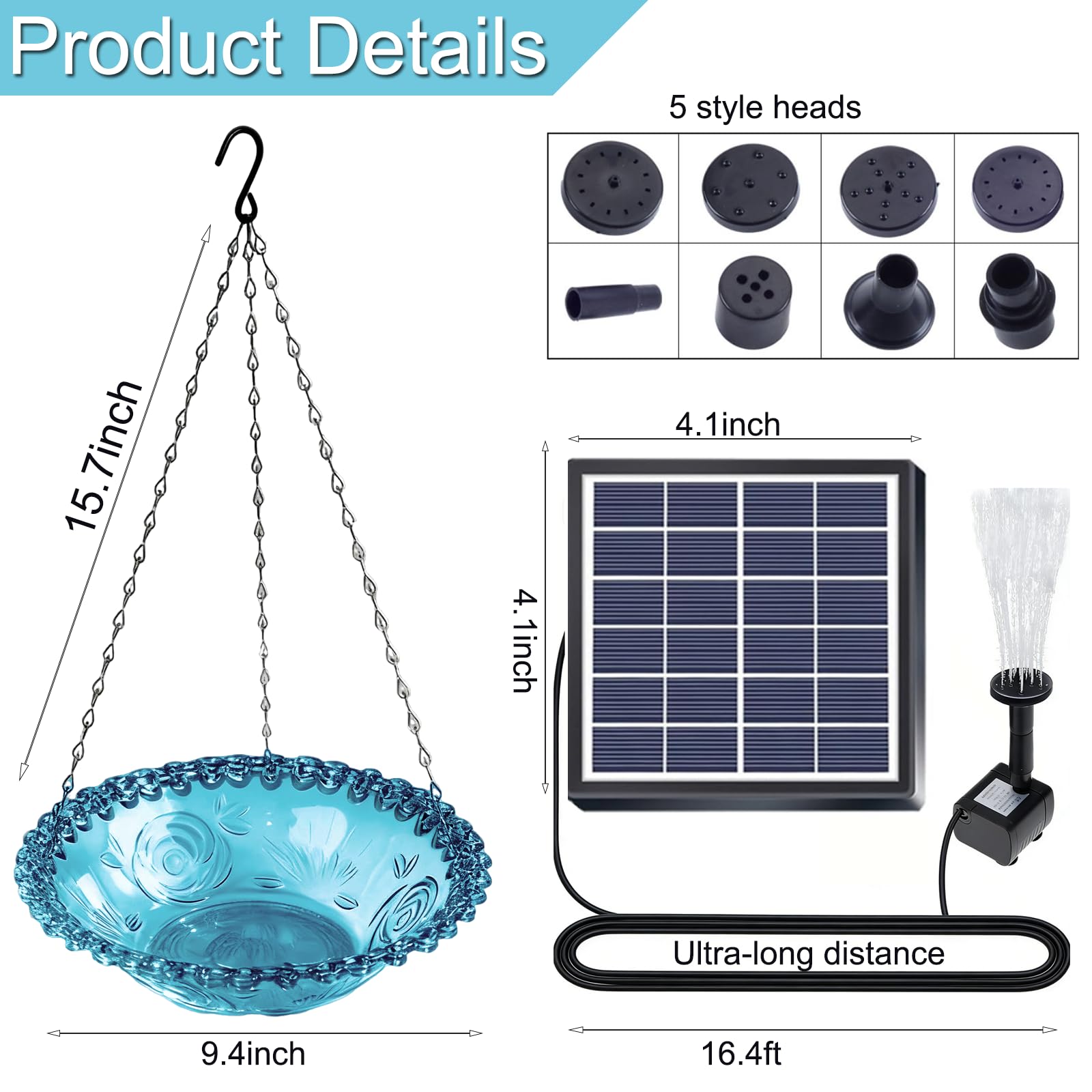 Julyxi solar panel powers the fountain with a long sixteen-point-four-foot cord