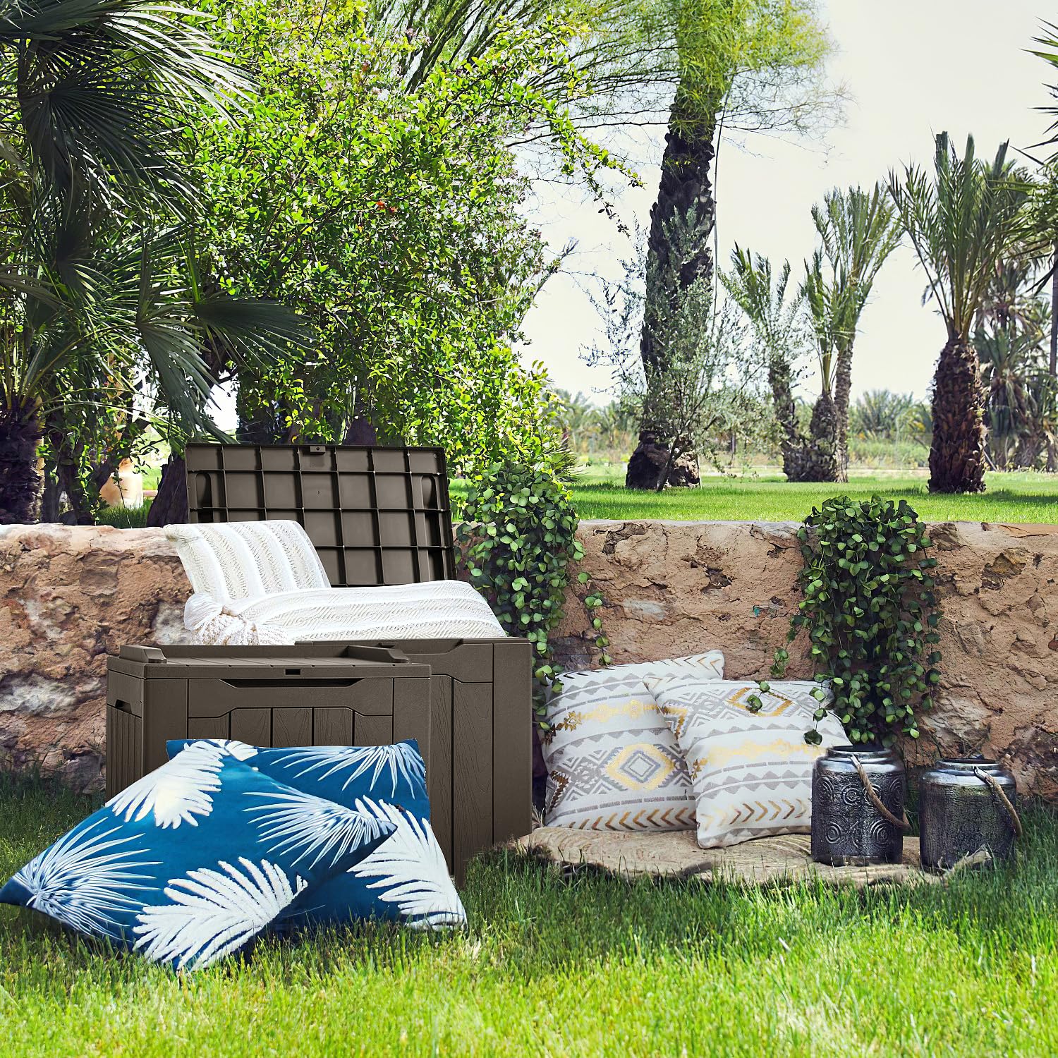 JUMMICO deck box outdoors protects cushions from rain and dirt.