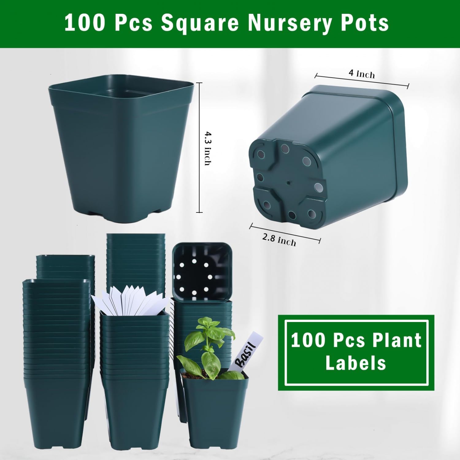 June Fox 4-inch green seedling pots, stacked design saves space.