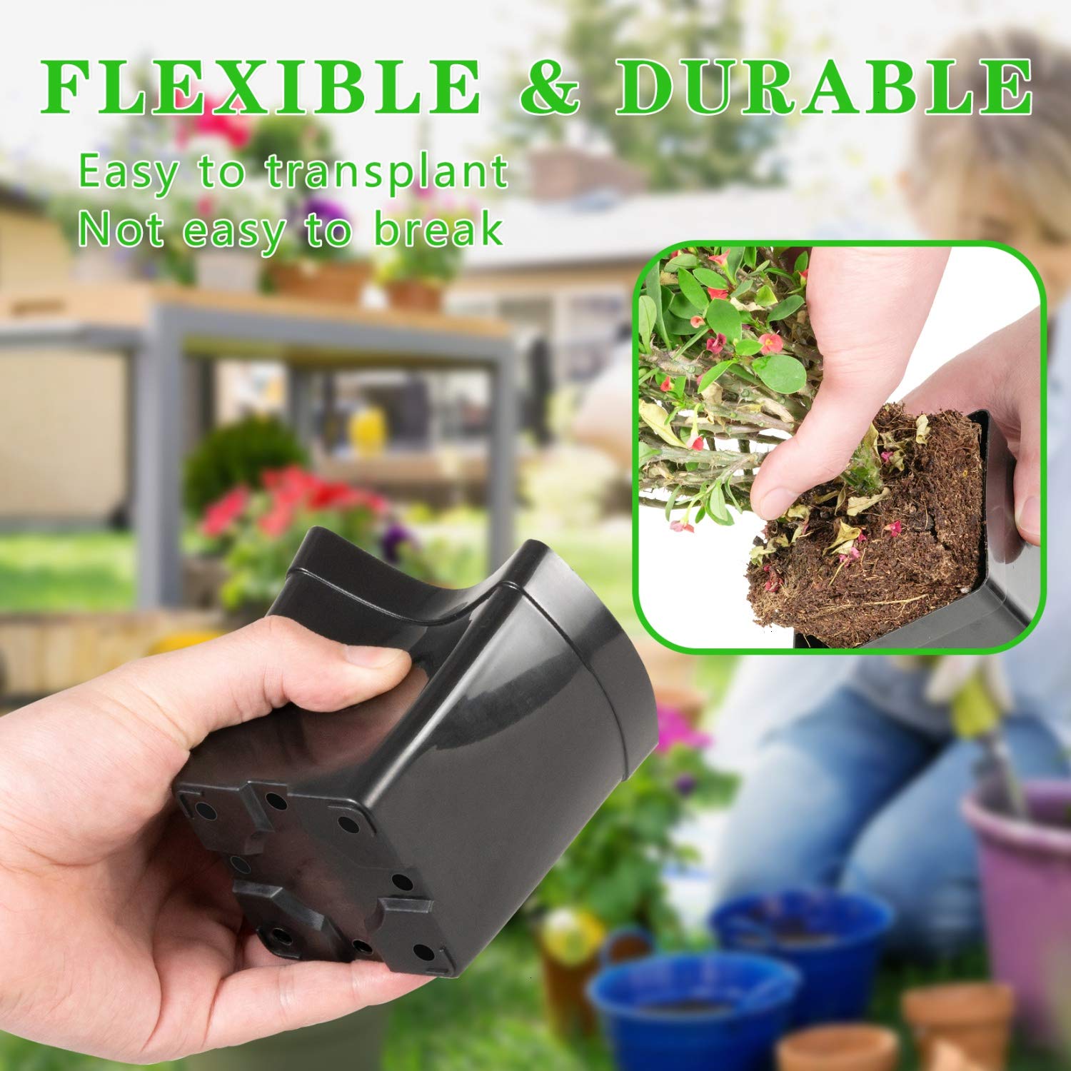 June Fox square nursery pot side view highlights durable flexible plastic and easy handling.