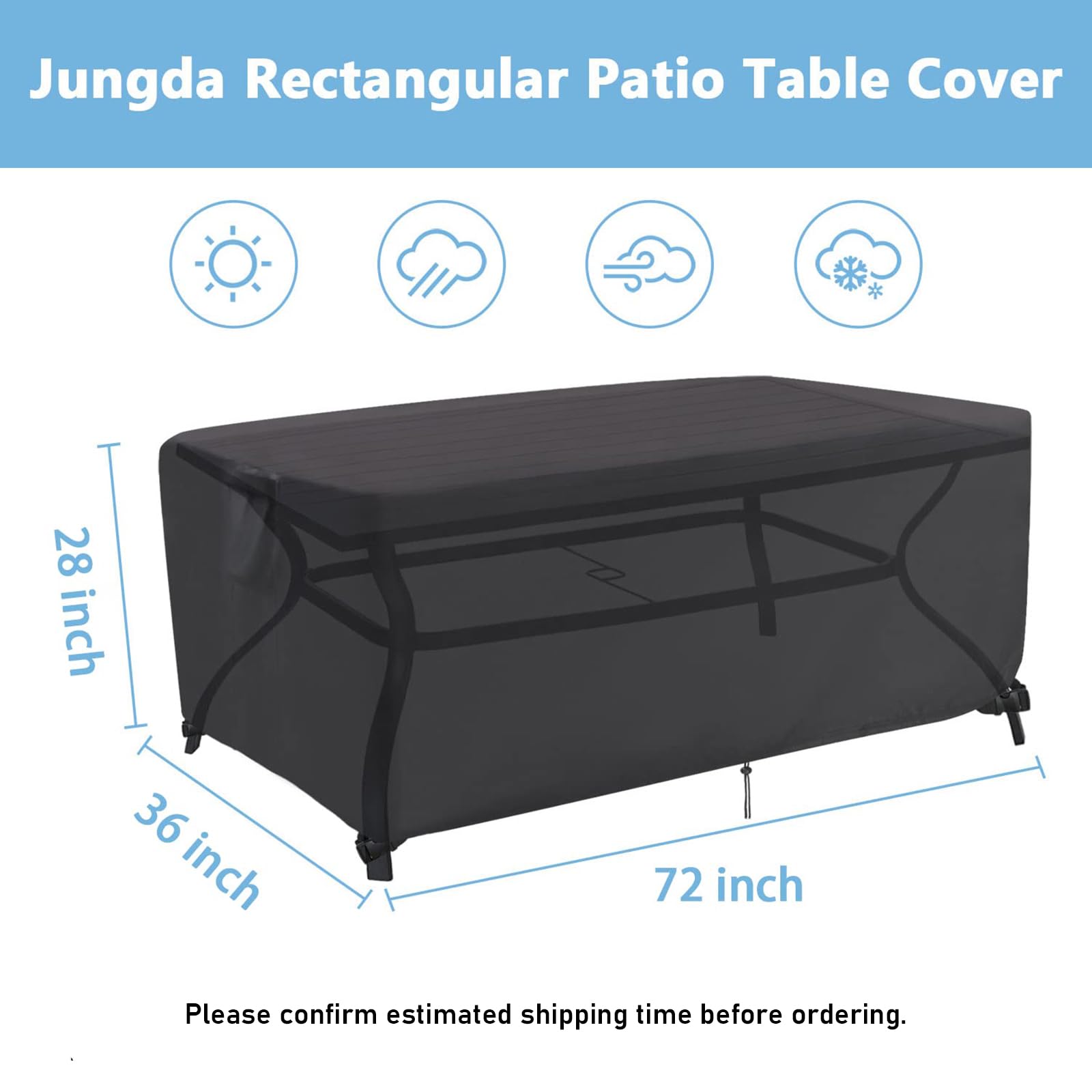Jungda 72x36x28 inch fit demonstrates proper size for rectangular tables.