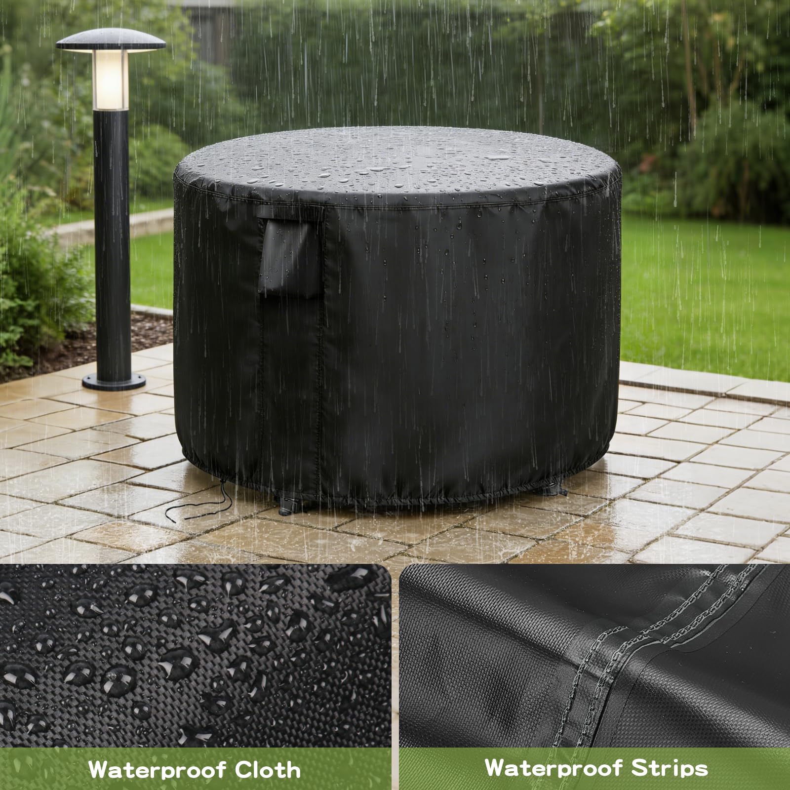 Jungda round table cover shows buckled straps for secure anchoring.