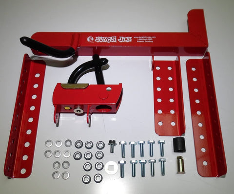 Jungle Jim's Mower Trimmer Rack adapts to walk-behind and stand-on mowers for versatile use.