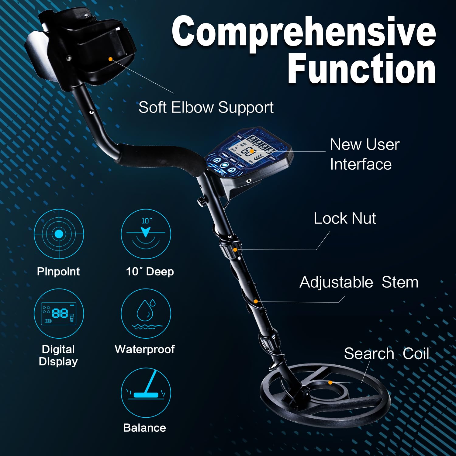JuniHo metal detector LCD display shows target type and depth for quick identification