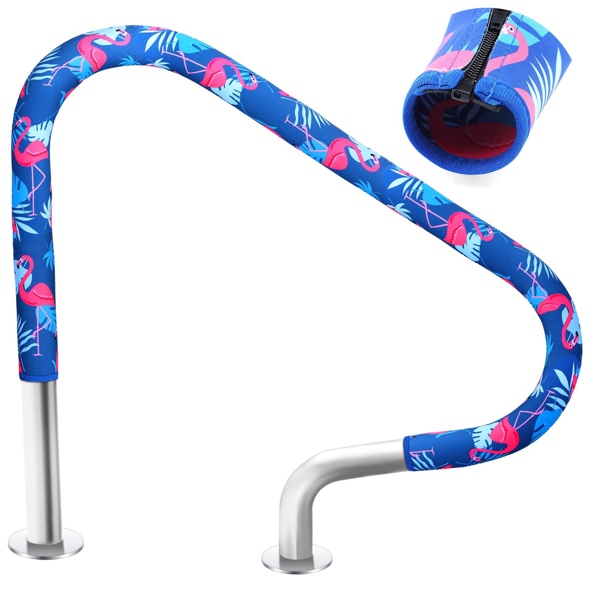 Junkin pool handrail cover in blue with flamingo palm design for safer pool access