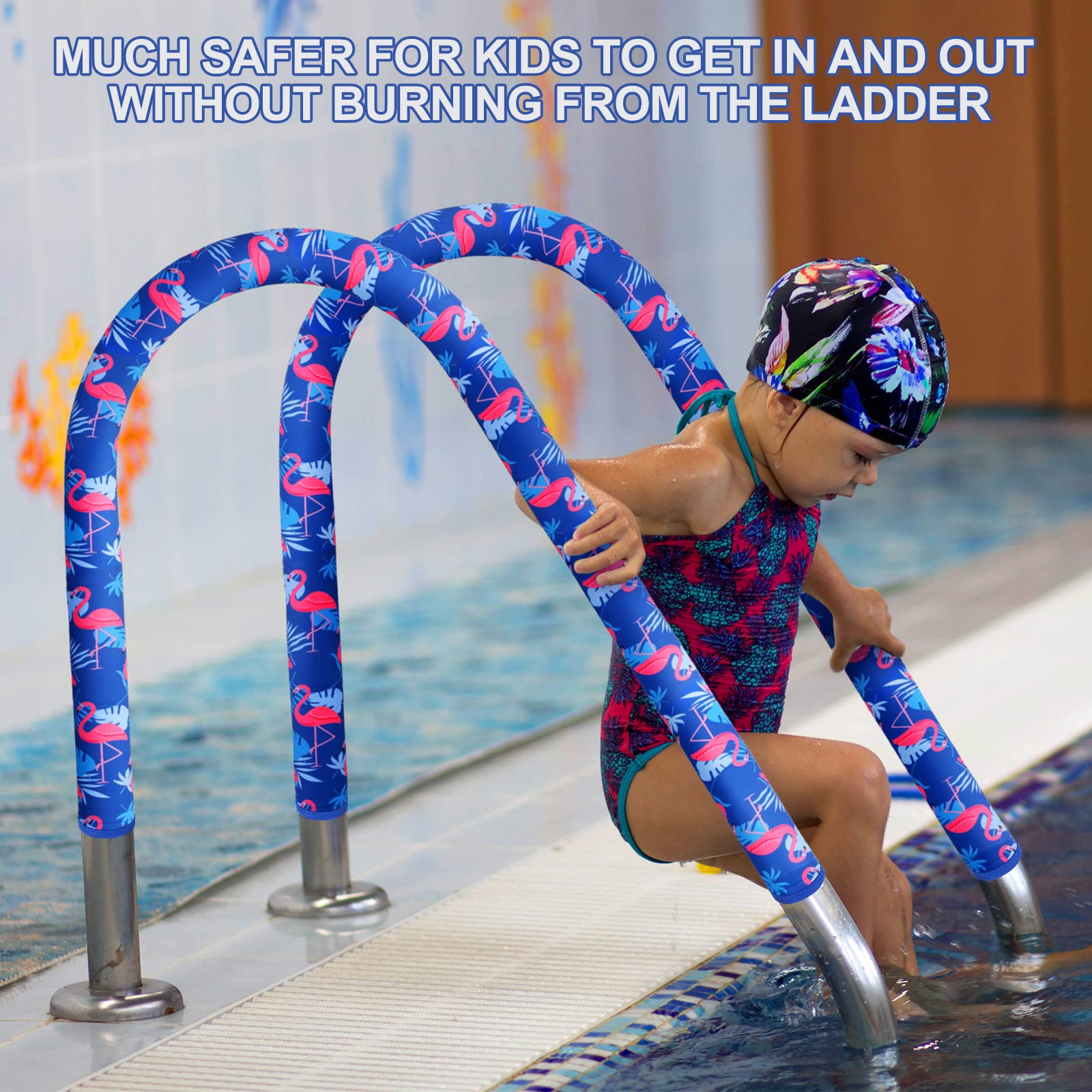 Junkin blue pool handrail sleeve on rail showing durable neoprene grip