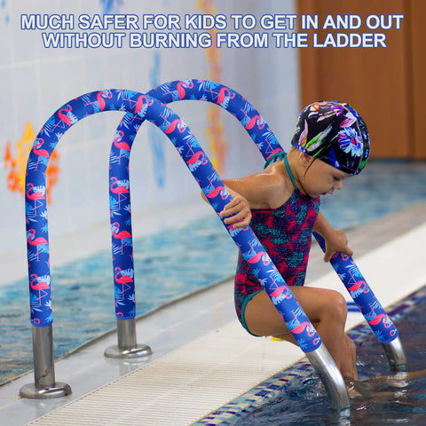 Junkin blue pool handrail sleeve on rail showing durable neoprene grip