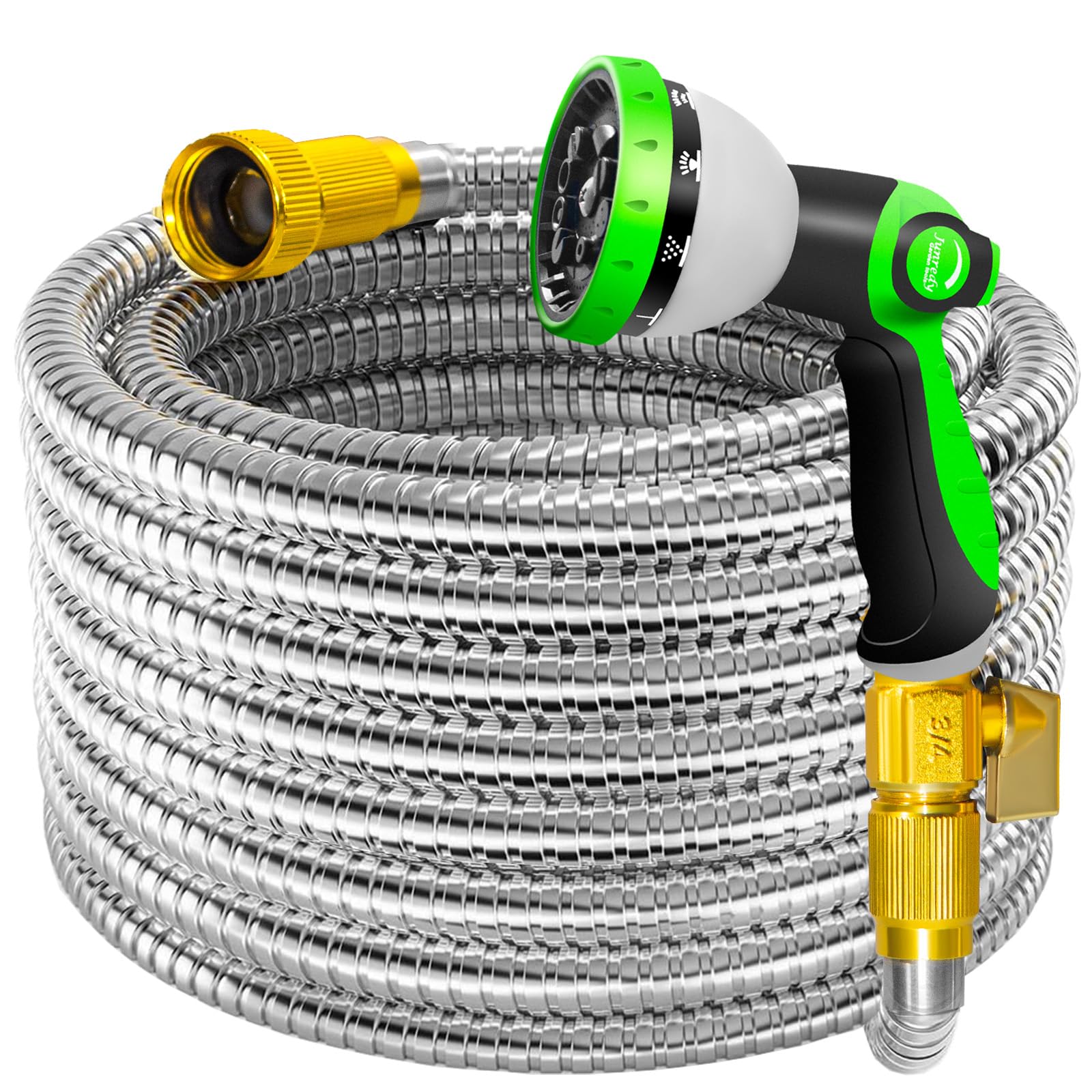 Junredy 50ft stainless steel garden hose resists punctures for durable outdoor watering.
