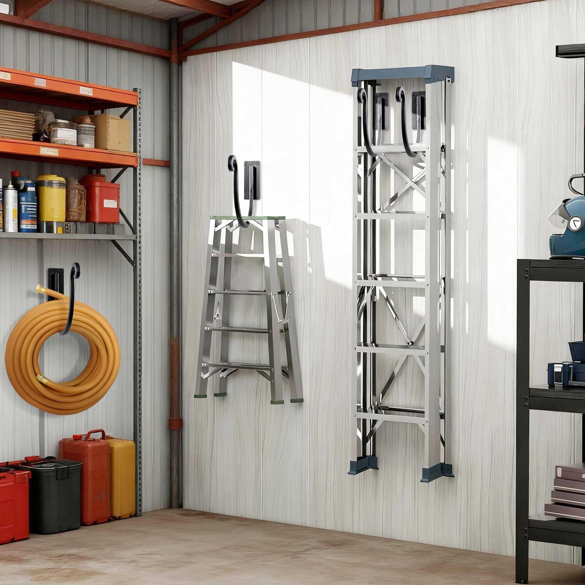 Backyard setup with JUNSHUO hose rack beside the shed.