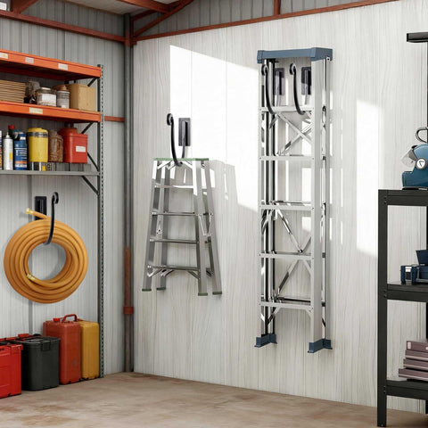 Backyard setup with JUNSHUO hose rack beside the shed.