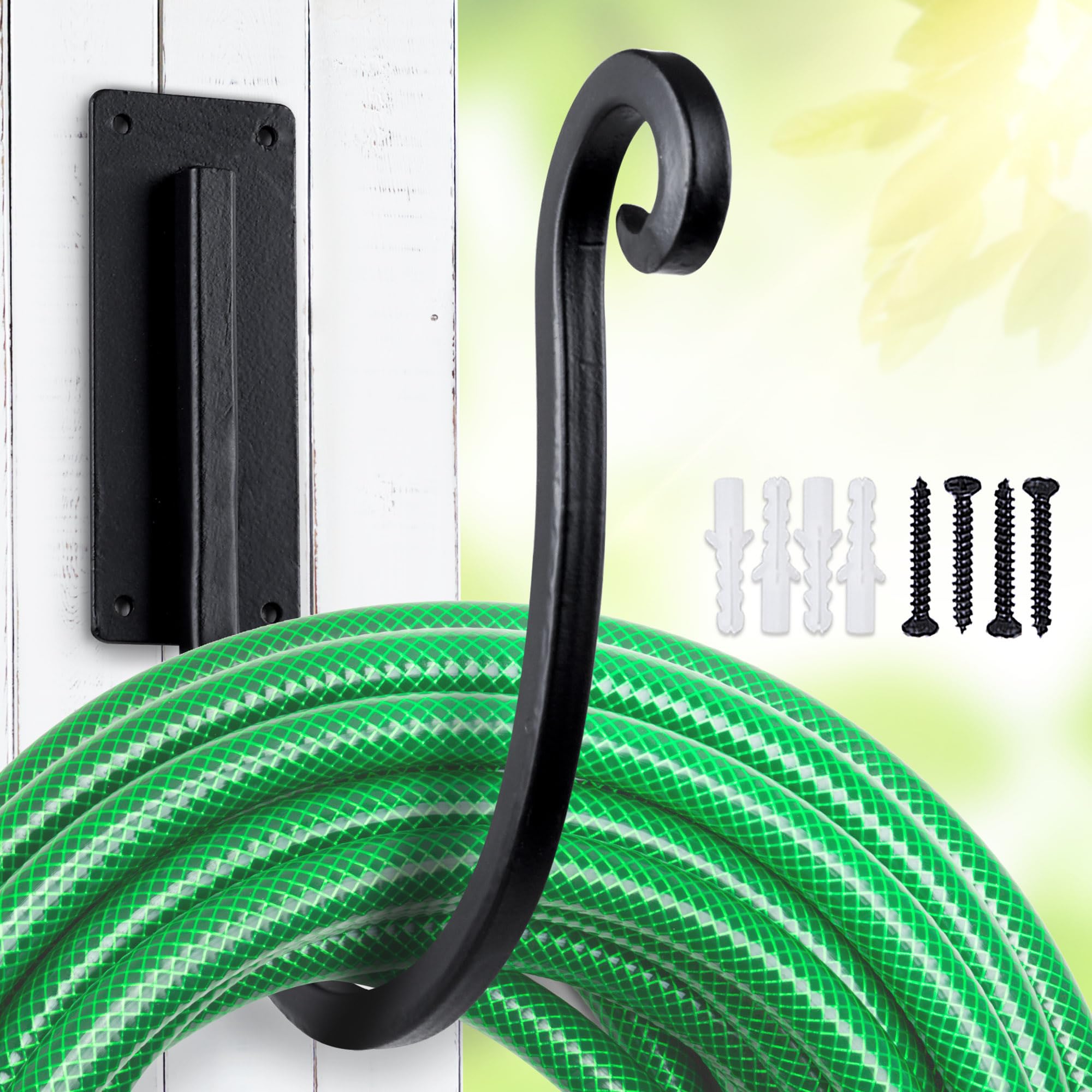 JUNSHUO hose holder wall mount in metal with an 8-inch reach for organized storage.