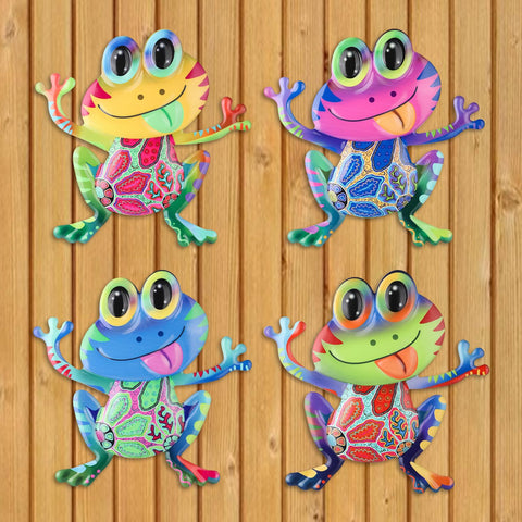 Junware metal frog wall decor four-piece set front view adds playful curb appeal to outdoor walls