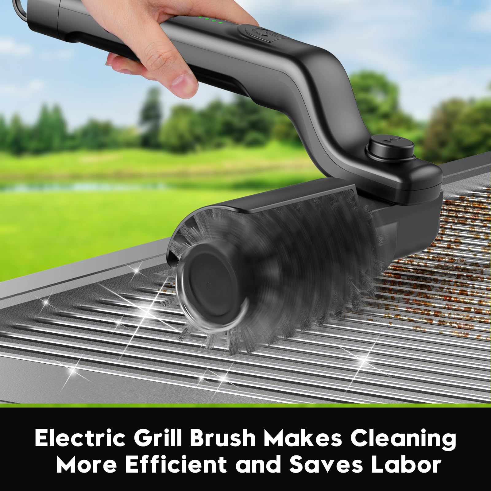 Juome grill brush with 180-degree adjustable head reaches tight spots.