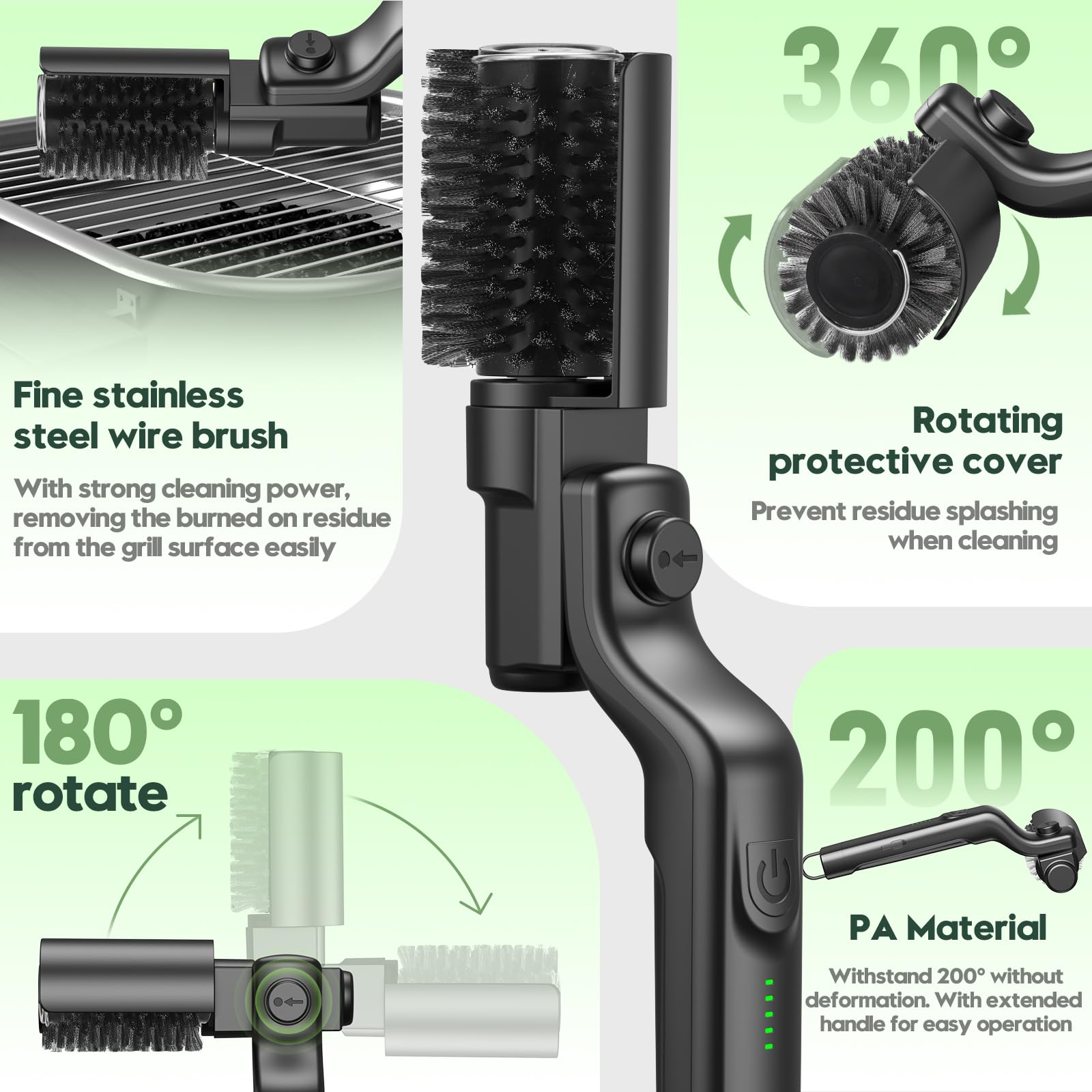 Juome grill brush 3-speed control for light to heavy cleaning.