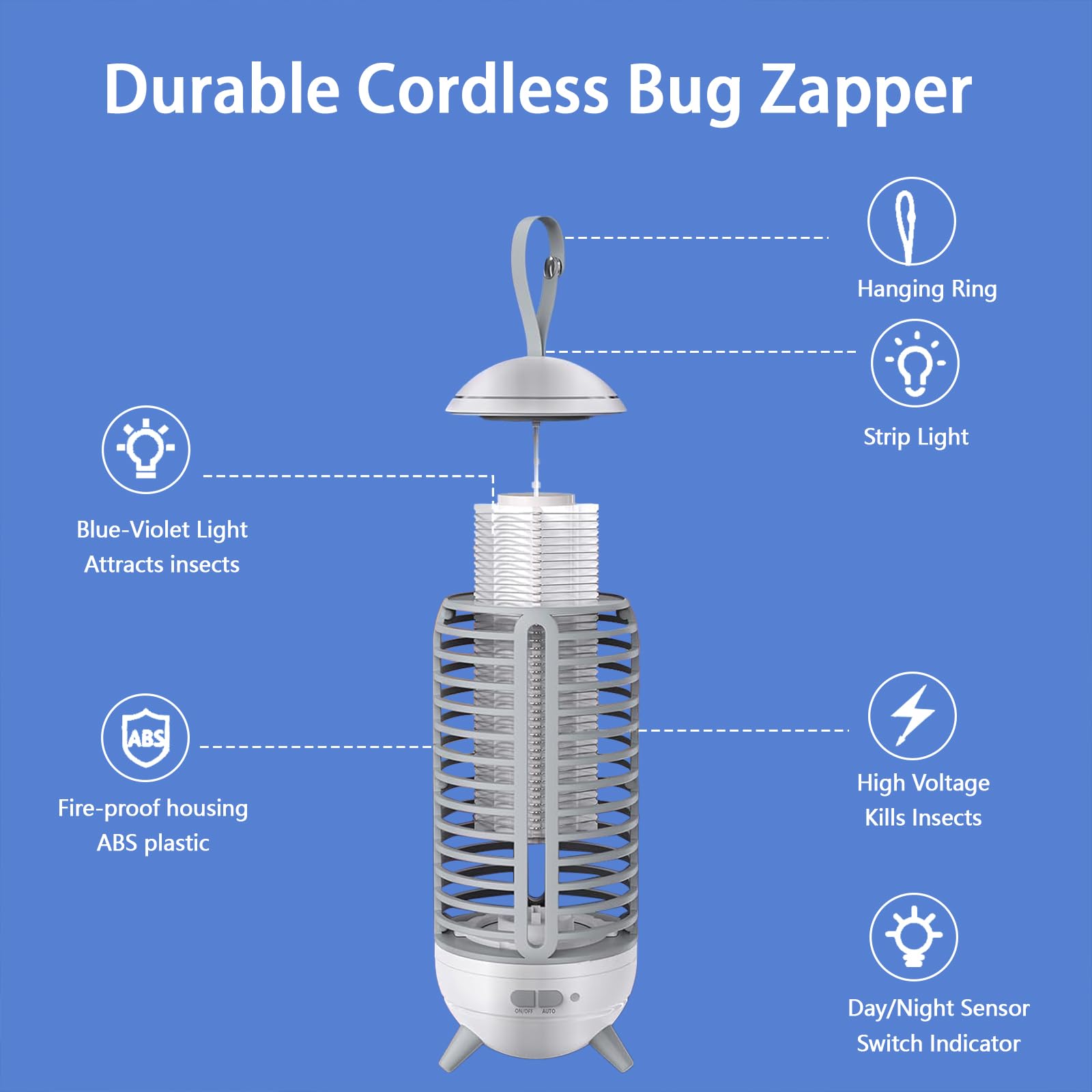 JUSENWDSL bug zapper side view shows compact design for outdoor spaces.