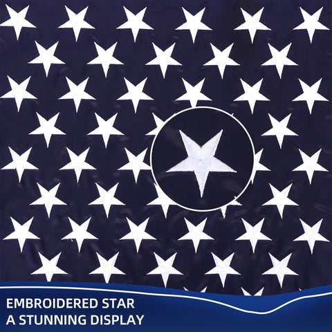 JUSHEN flag showcasing 50 embroidered stars and 13 sewn stripes for a crisp patriotic look