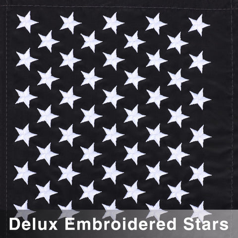 JUSHEN embroidered stars flag highlighting premium stitching for long-lasting outdoor use.