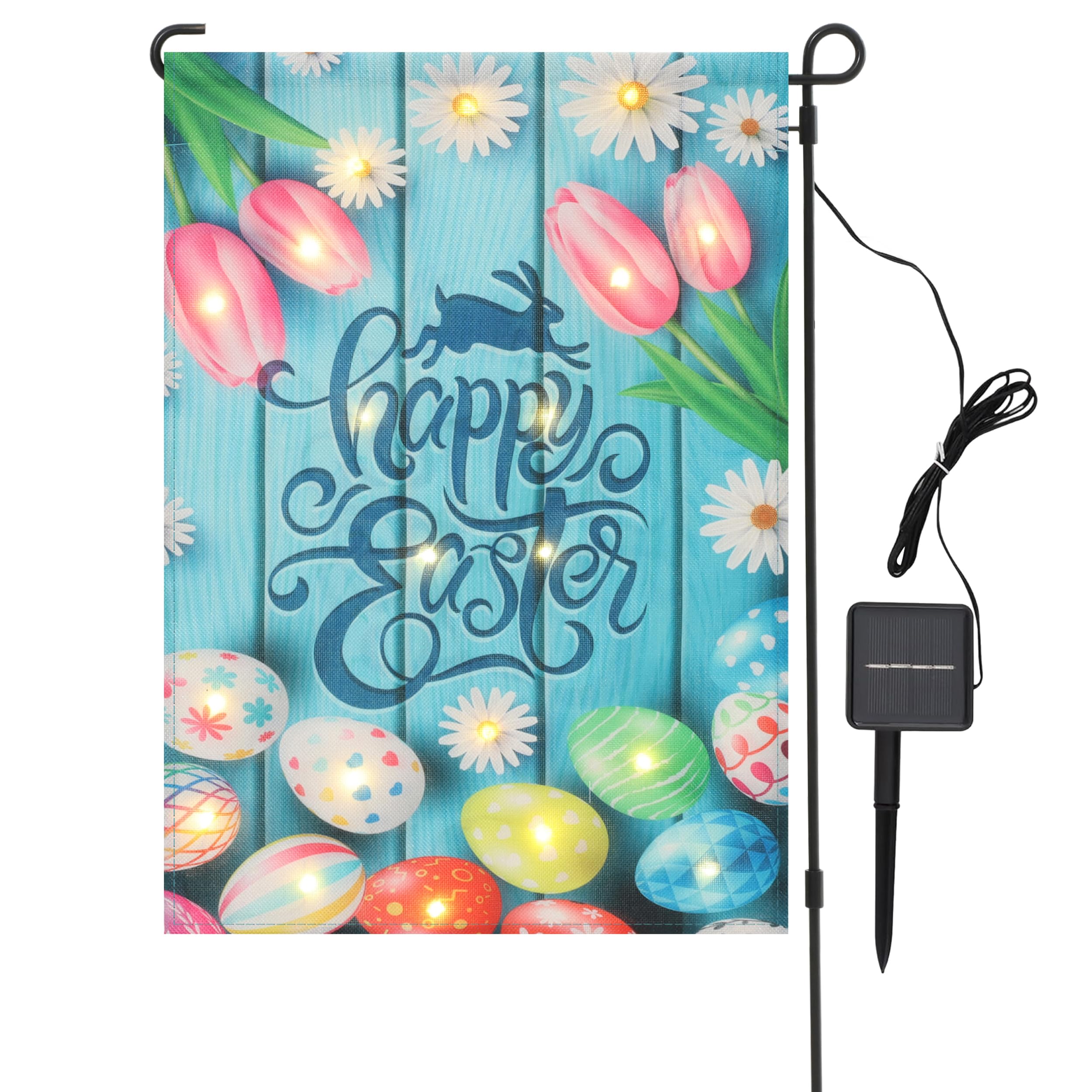 JUSHEN lighted Easter garden flag at dusk creates festive curb appeal.