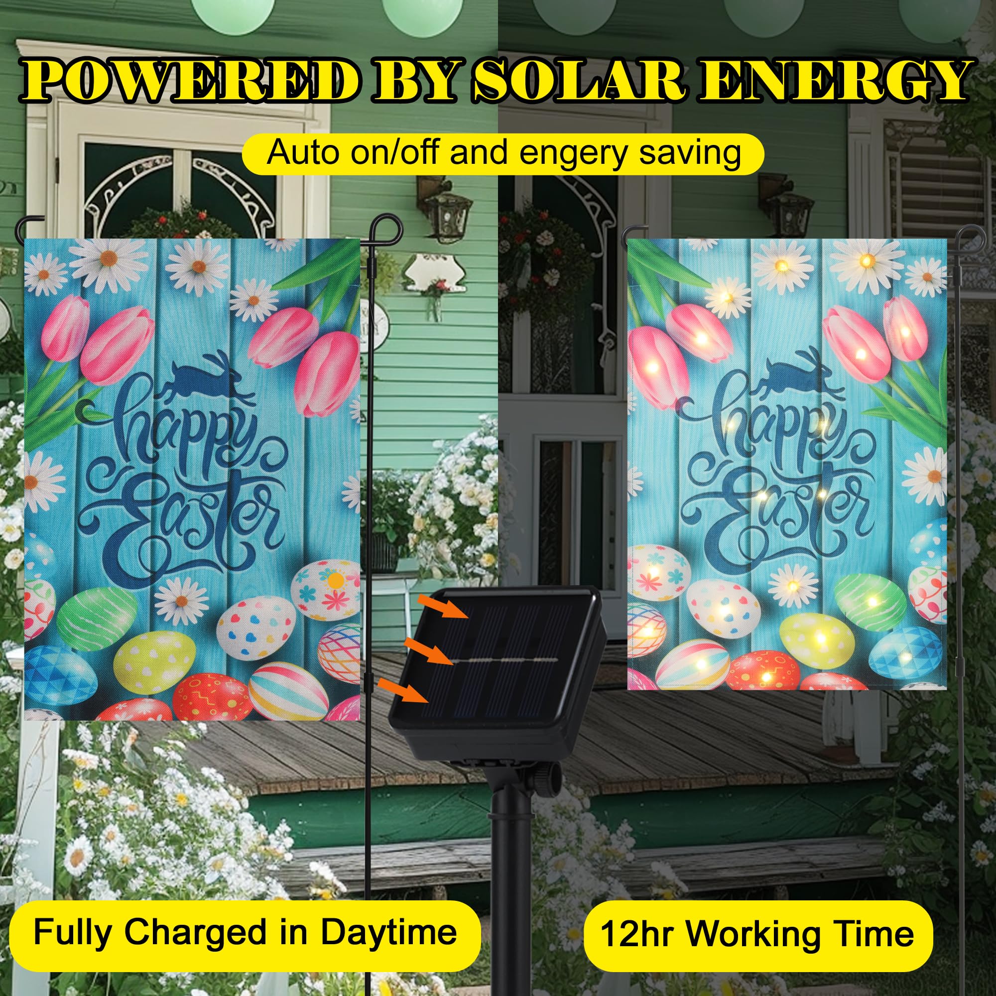 JUSHEN solar LED eggs flag shows eight lighting modes for seasonal ambiance.