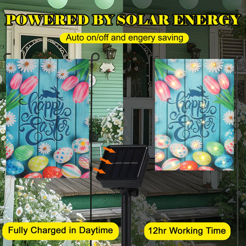 JUSHEN solar LED eggs flag shows eight lighting modes for seasonal ambiance.