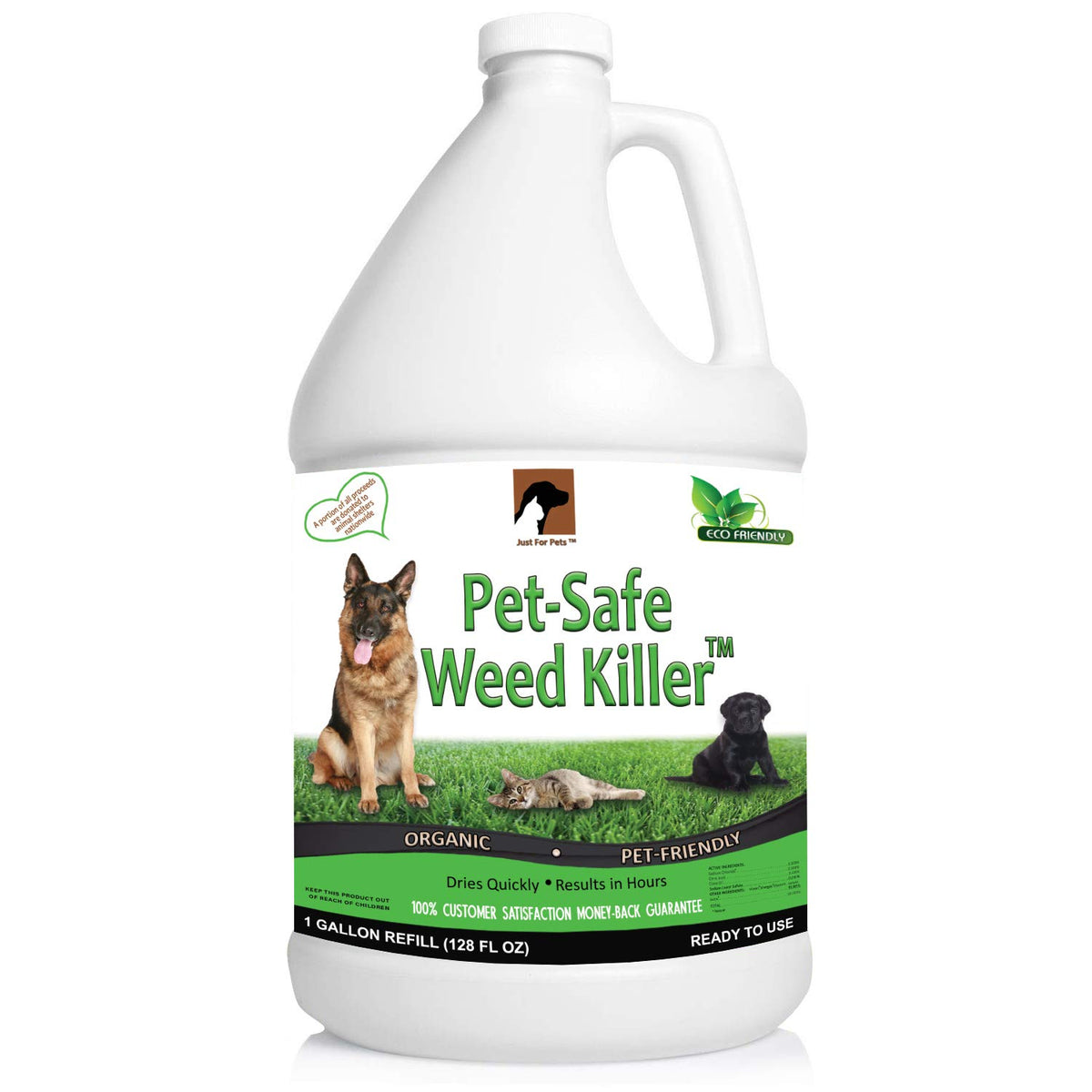 Just For Pets pet-safe weed killer spray bottle for safe outdoor use.
