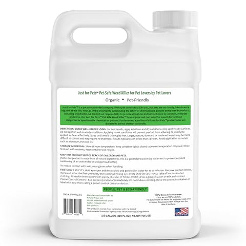 Just For Pets Weed Killer Spray label closeup highlights natural ingredients and eco-friendly messaging.