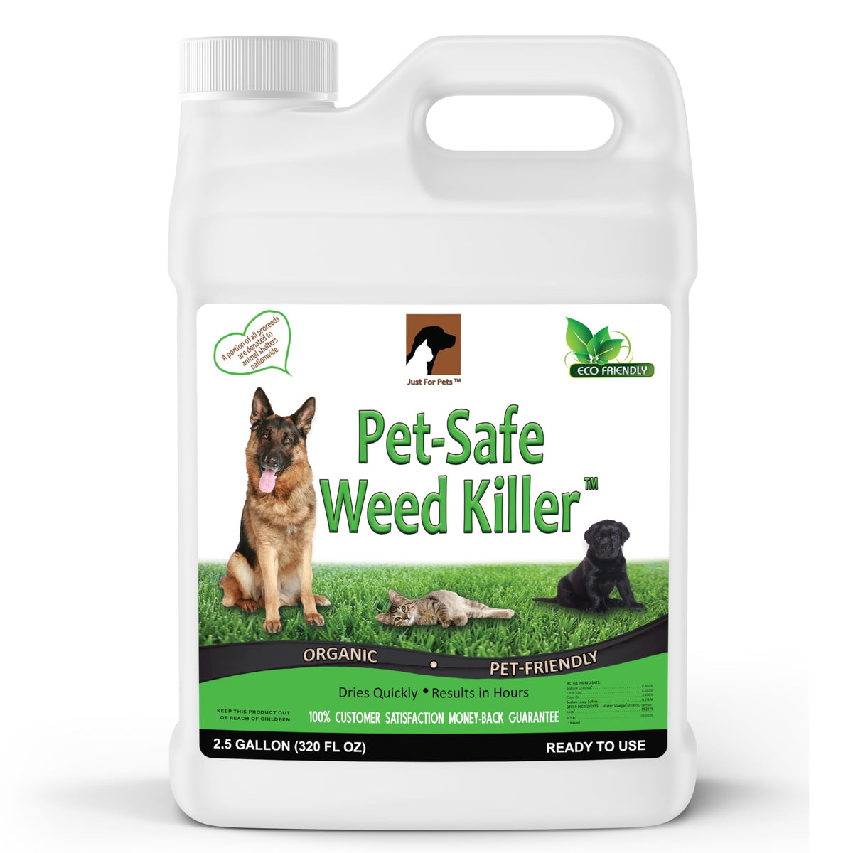 Just For Pets Weed Killer Spray two-point-five-gallon bottle shows glyphosate-free, pet-friendly weed control.