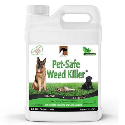 Just For Pets Weed Killer Spray two-point-five-gallon bottle shows glyphosate-free, pet-friendly weed control.