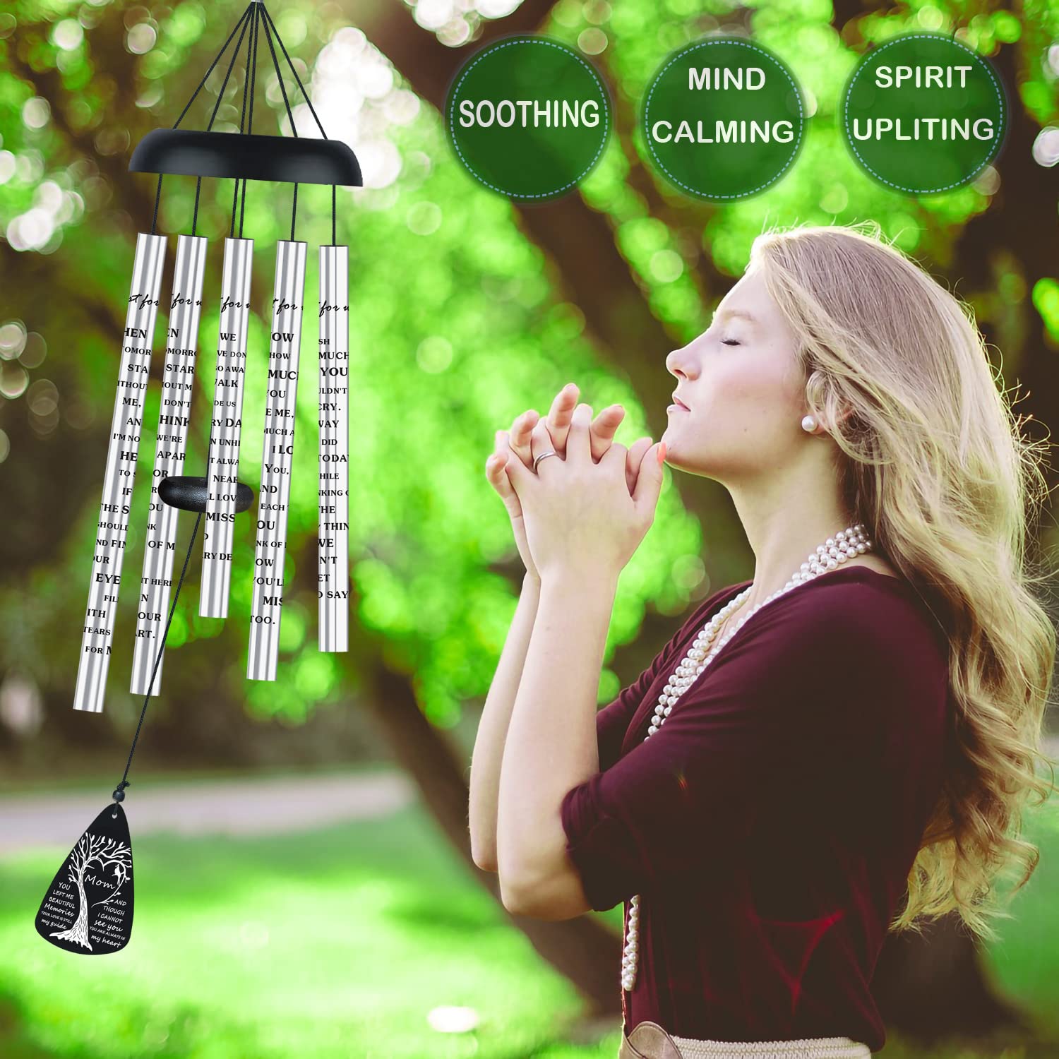 JUST FOR WIND memorial wind chimes hanging outdoors demonstrate durable, weather-ready design.