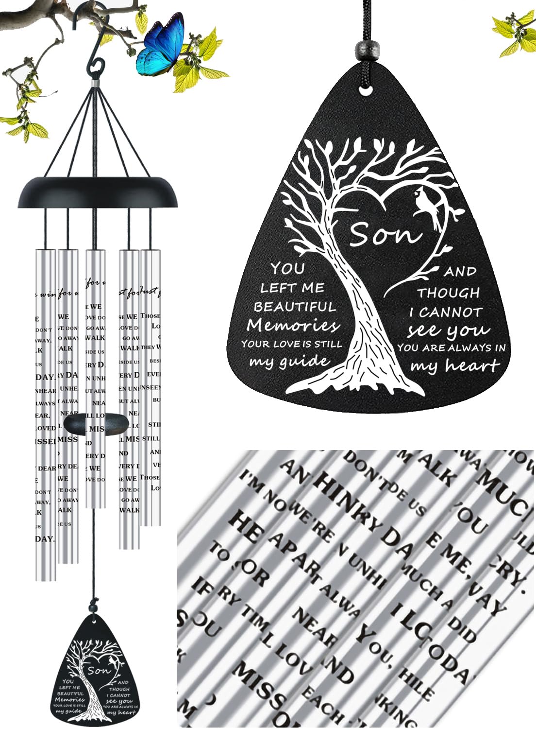 JUST FOR WIND sympathy wind chimes hanging outdoors in a garden, comforting memorial ambiance.