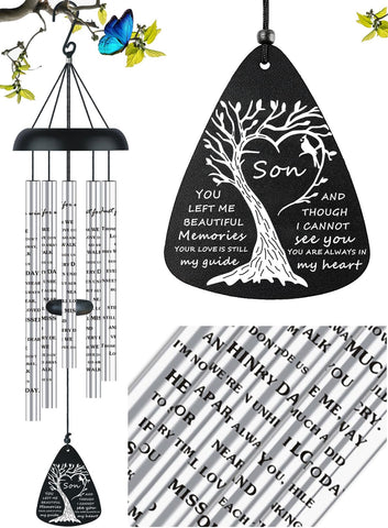 JUST FOR WIND sympathy wind chimes hanging outdoors in a garden, comforting memorial ambiance.
