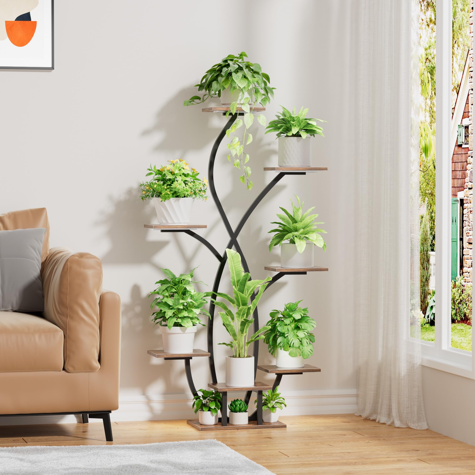 JUSTOGO seven-tier corner shelf displays a lush indoor garden and decor.