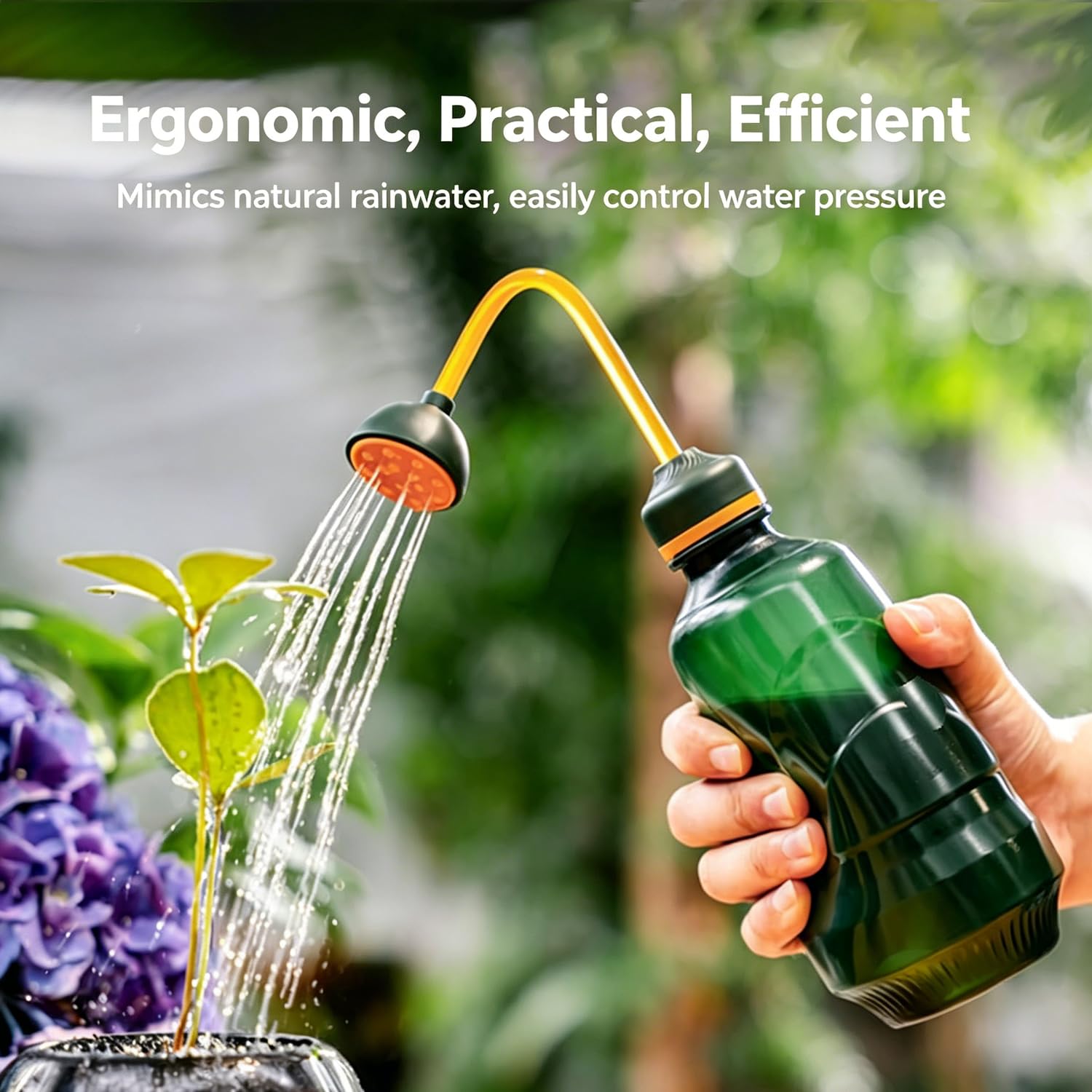 JUSUFU mist spray head enables gentle watering for delicate foliage.