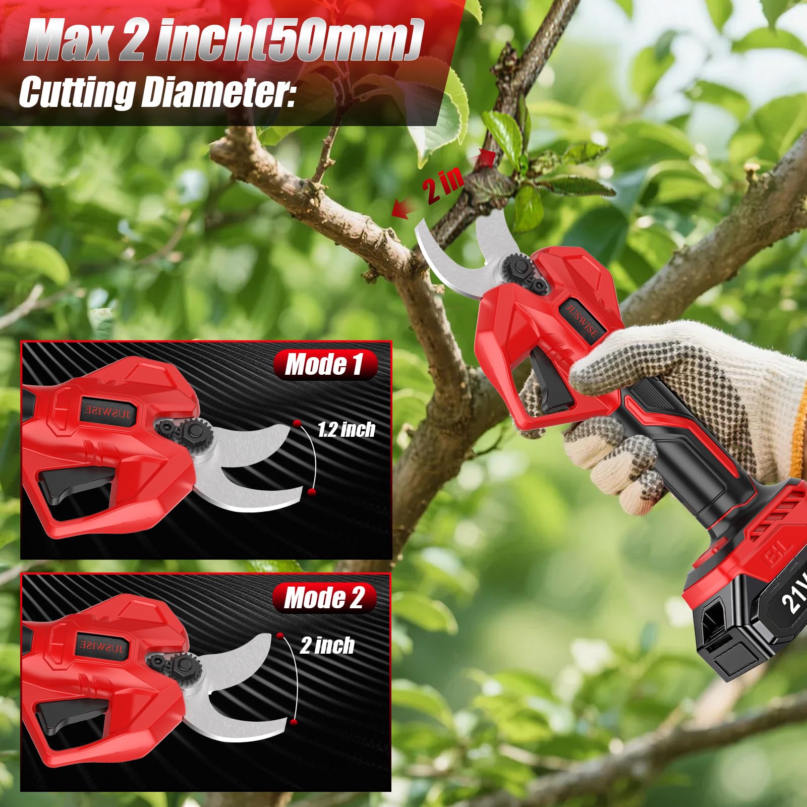 JUSWISE pruning shears offer adjustable cutting sizes for multiple branch diameters.