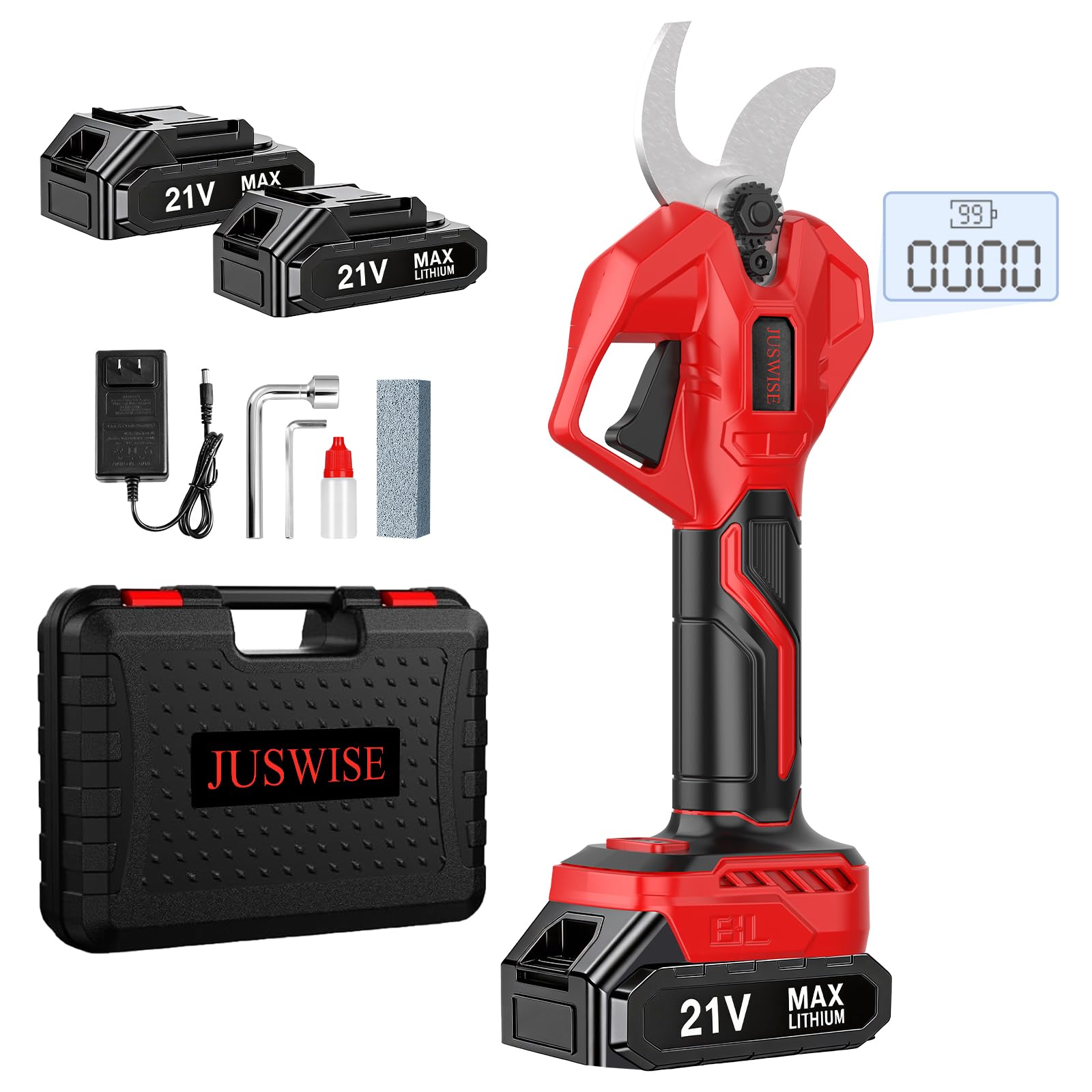 JUSWISE Electric Pruning Shears with LCD display for quick battery status and cutting counts.