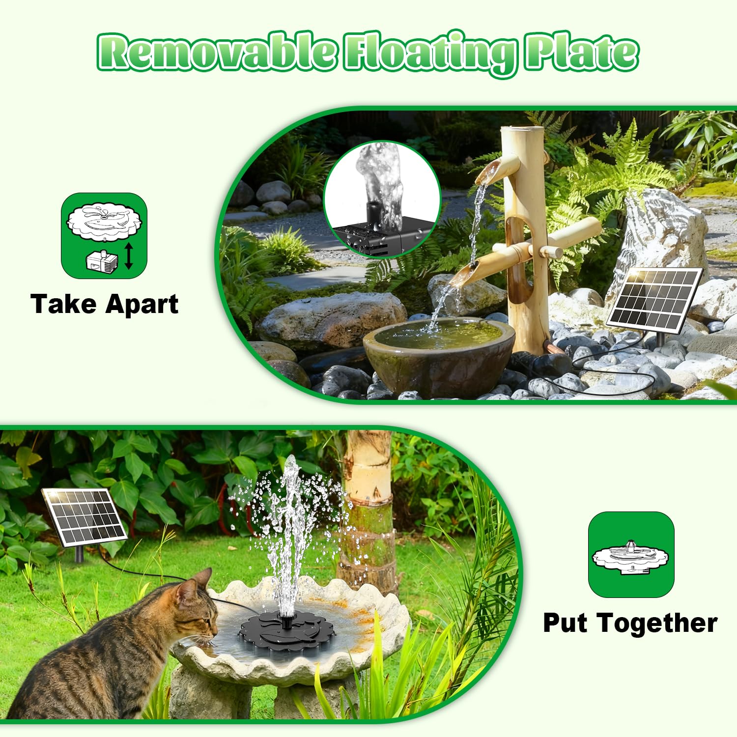 JuTai glass solar panel 3.5W powers surface-level fountain in sunlight.