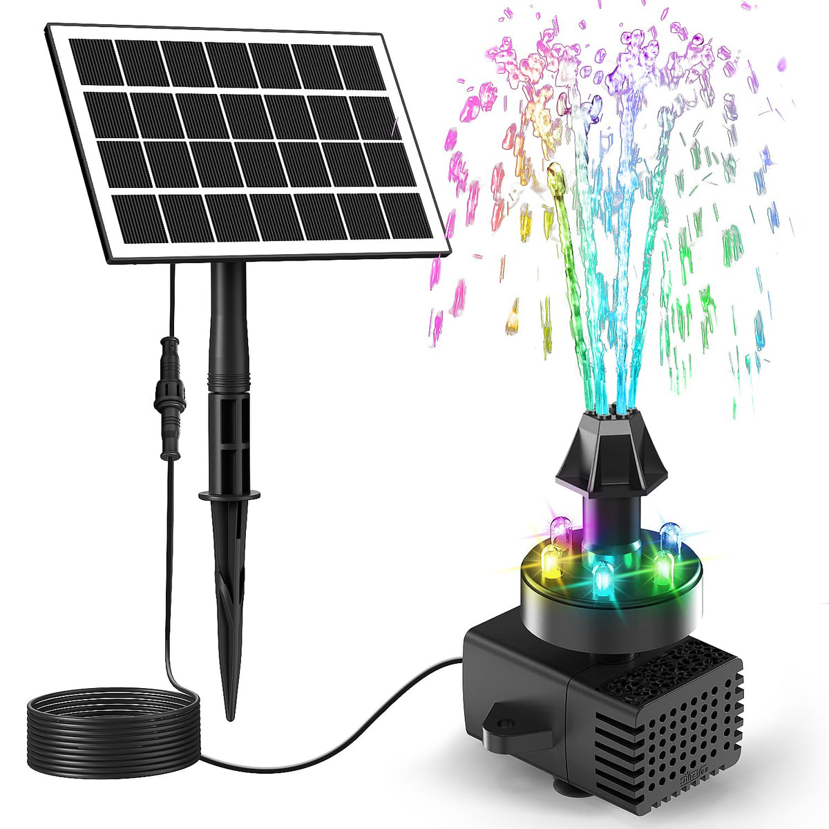 JuTai solar fountain kit with colorful lights for garden ponds at night