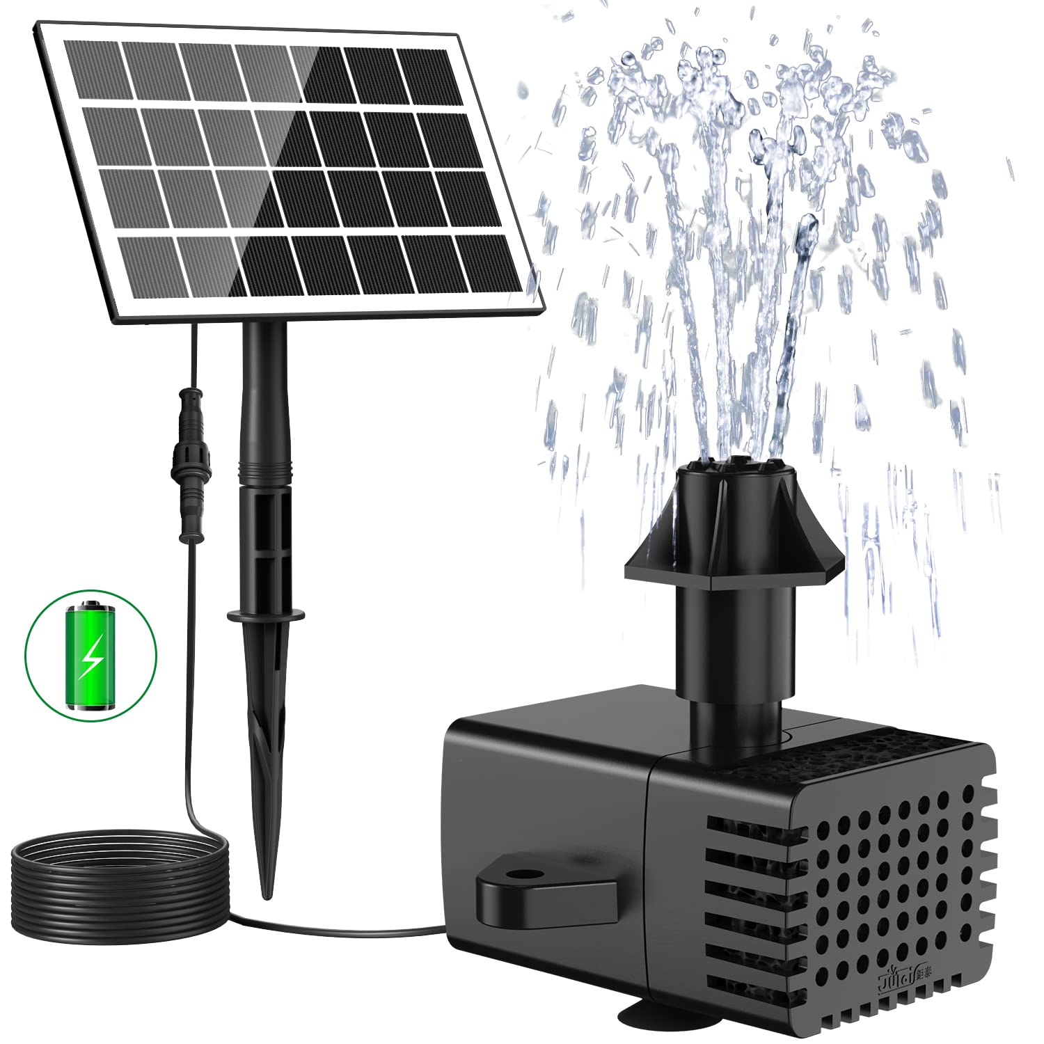 JuTai solar fountain panel in direct sunlight powering a gentle water spray