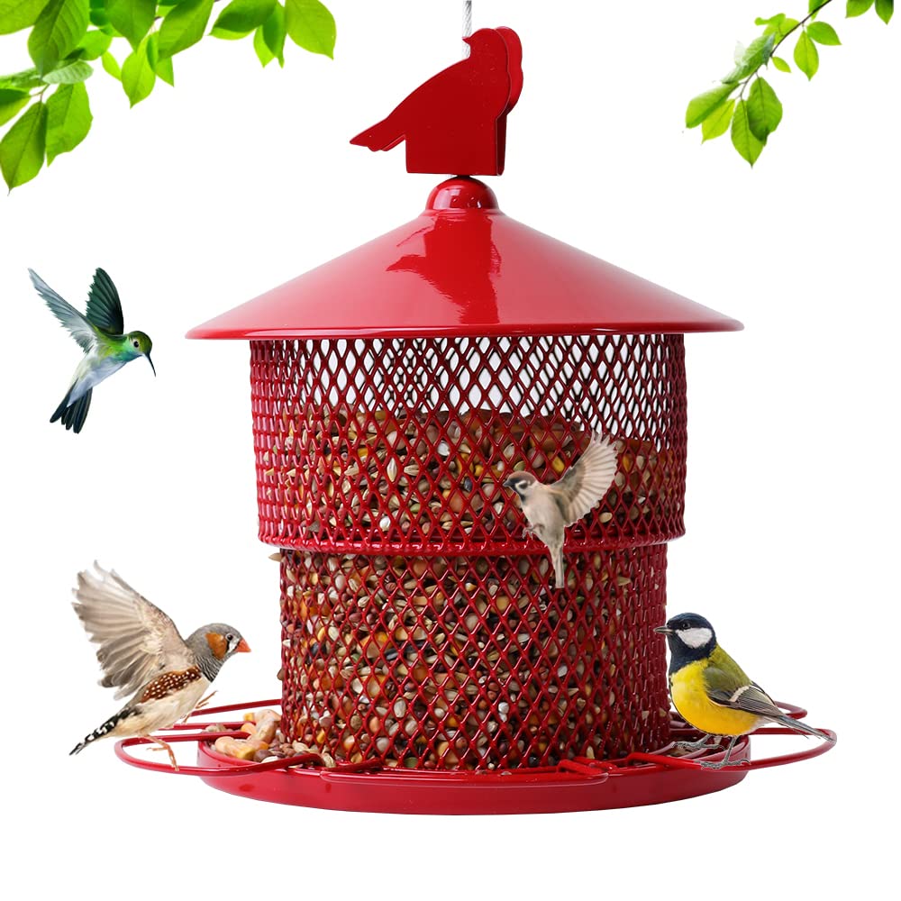 JUTYAST metal bird feeder outdoors with large capacity for garden birds.