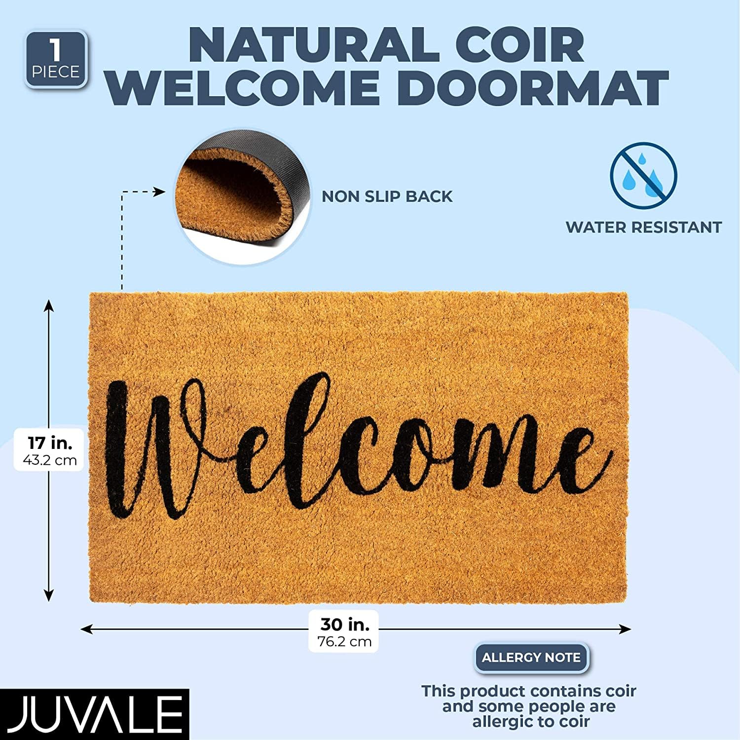 Juvale Coir Doormat close-up emphasizing durable texture that scrapes moisture.