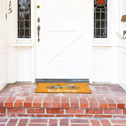 Juvale natural coir fiber mat traps dirt while showcasing a chic bike motif.