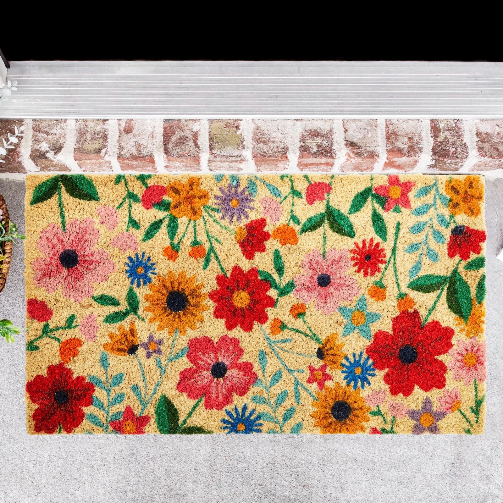 Juvale Flower Door Mat placed at a patio entrance adds color and durability for outdoor use.