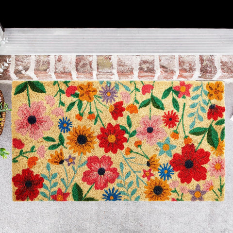 Juvale Flower Door Mat placed at a patio entrance adds color and durability for outdoor use.
