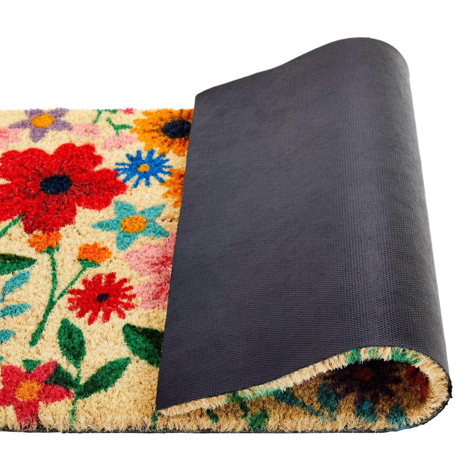 Juvale flower mat with water-shedding backing protects indoor floors from outdoor debris.