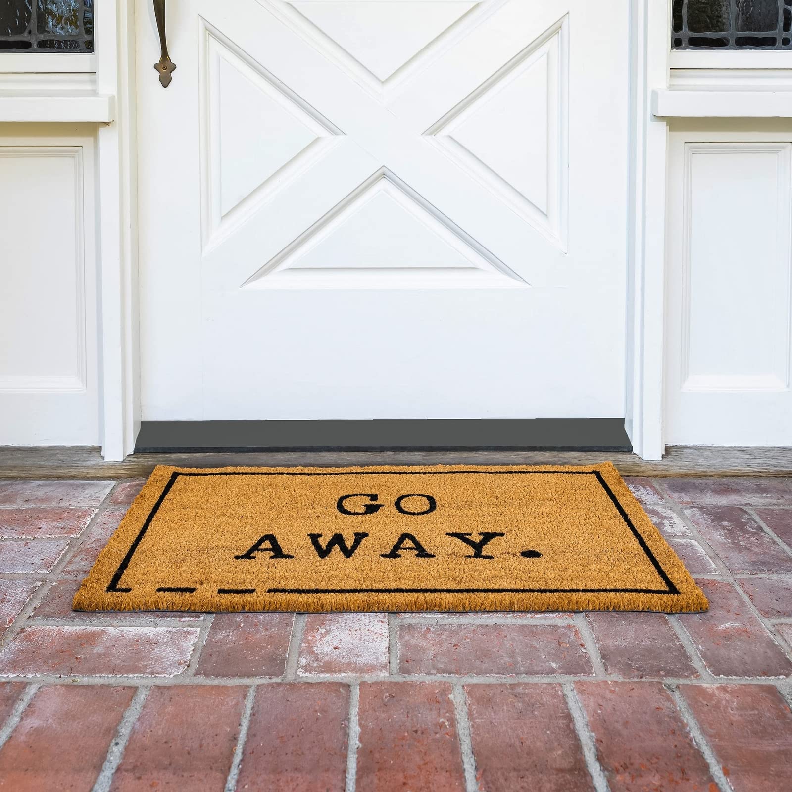Juvale Go Away doormat close-up shows coir fibers for dirt removal.