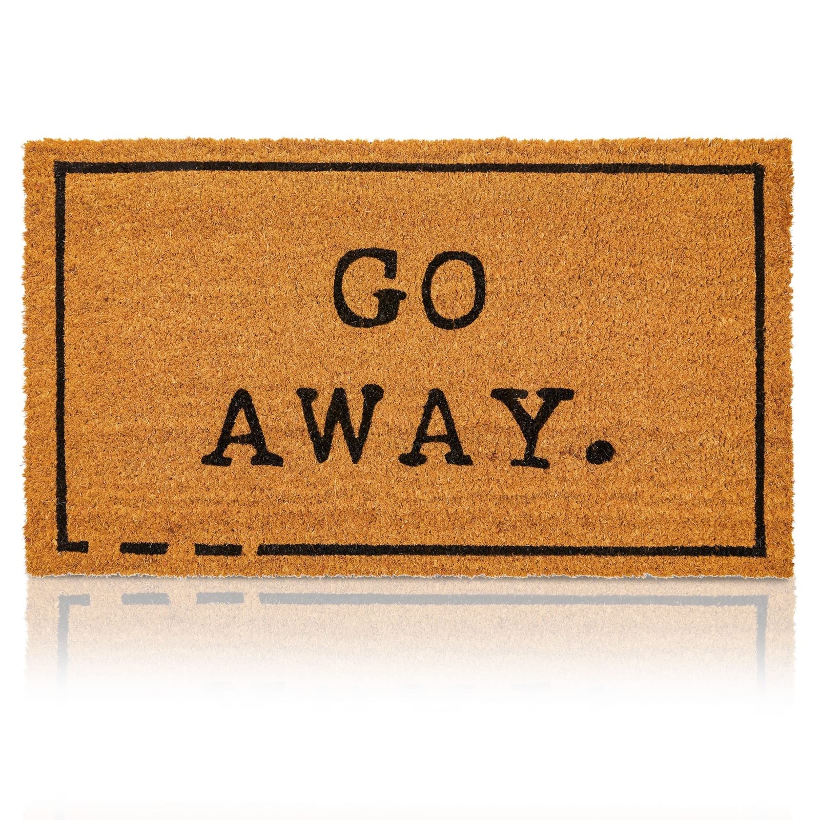 Juvale Go Away doormat at the front entrance, durable coir helps wipe shoes.